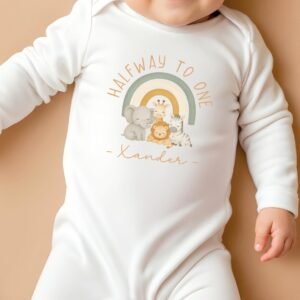 Half Birthday Baby Rainbow Animal Romper With Cap.