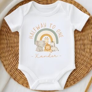 Half Birthday Baby Rainbow Animal Romper With Cap
