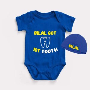 Custom Name First Tooth Romper Blue Online in Pakistan