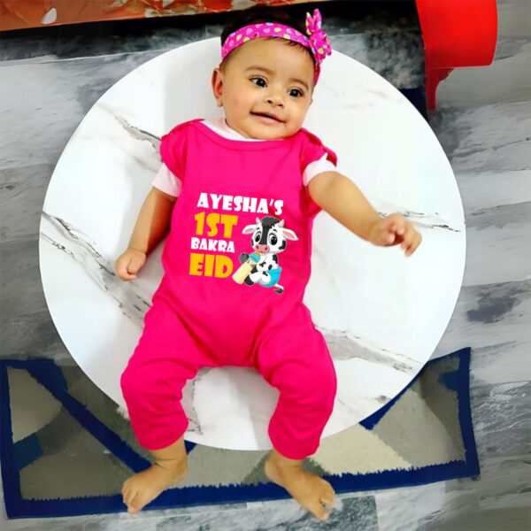 Personalized 1st Bakra Eid Baby Jumpsuit with Name Pink 1
