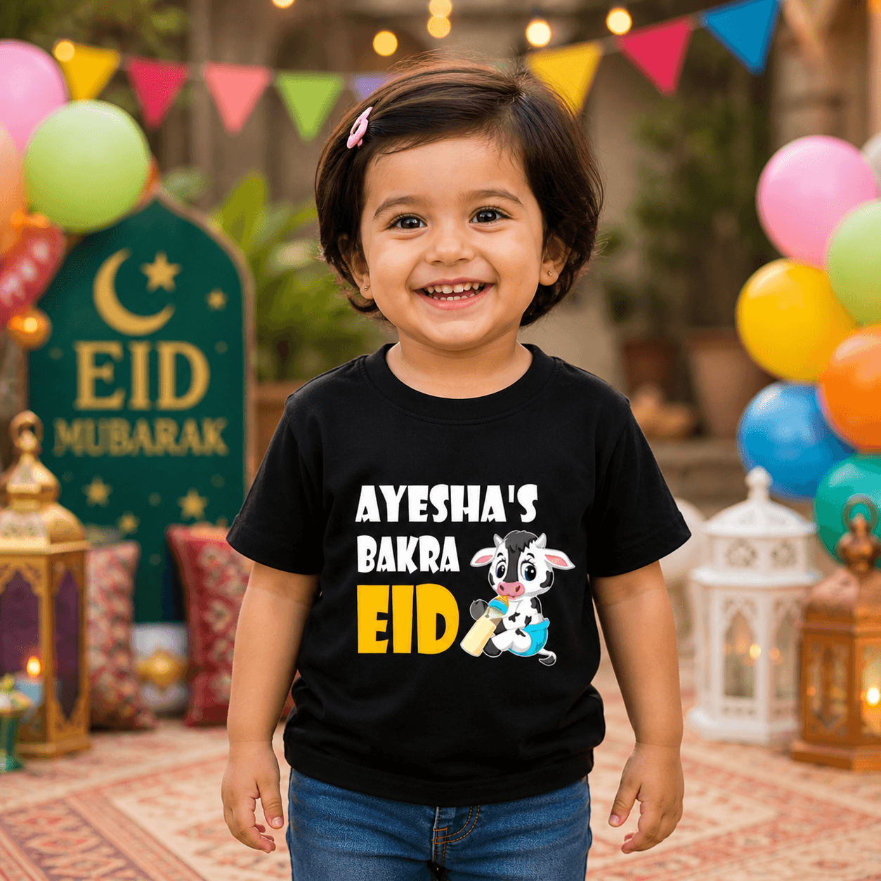 Kids Bakra Eid T-Shirt with Name & Cute Cow Design