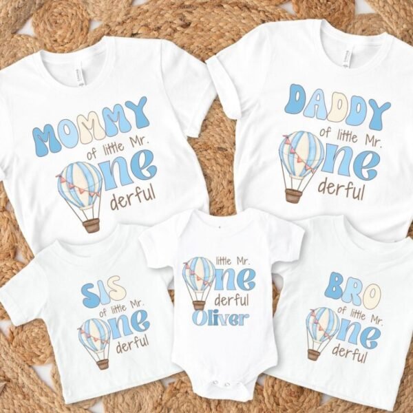 Personalized Blue Hot Air Balloon Birthday Family Matching Shirts & Romper