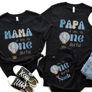 Personalized Blue Hot Air Balloon Birthday Family Matching Shirts & Romper