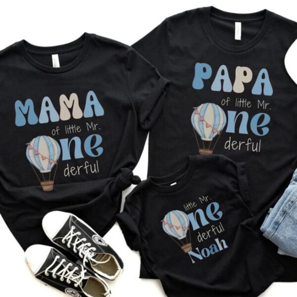 Personalized Blue Hot Air Balloon Birthday Family Matching Shirts & Romper