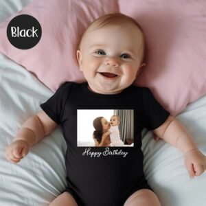 Custom Photo Baby Bodysuit Personalised Birthday onesie Black