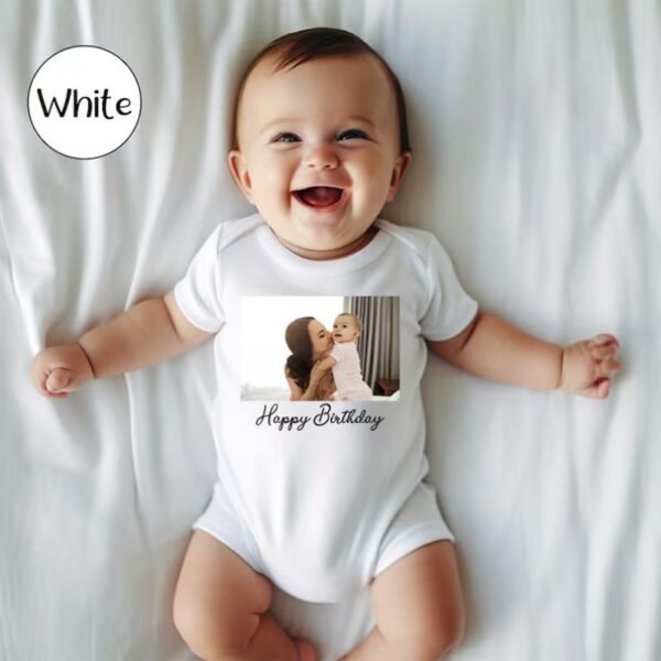 Custom Photo Baby Bodysuit Personalised Birthday onesie White