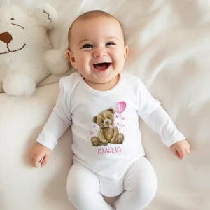 Customised First Birthday Teddy Bear and Pink Balloon Onesie