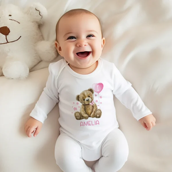 Customised First Birthday Teddy Bear and Pink Balloon Onesie