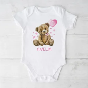Customised First Birthday Teddy Bear and Pink Balloon Onesie