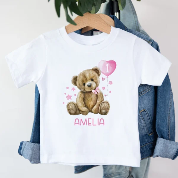 Customised First Birthday Teddy Bear and Pink Balloon Shirt & Onesie