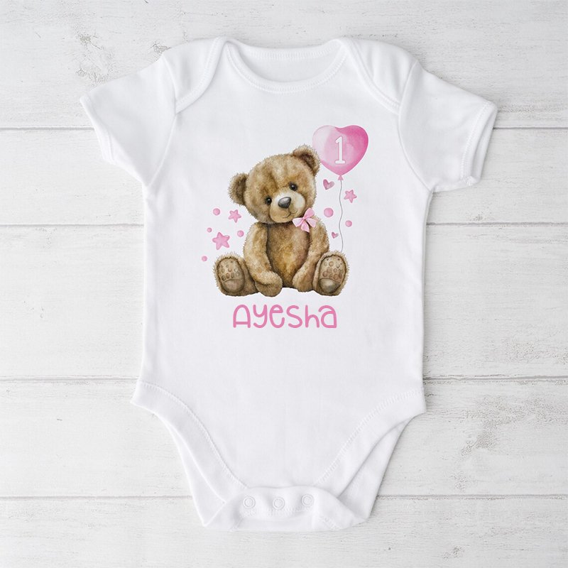 Customised First Birthday Teddy Bear and Pink Balloon Shirt & Onesie