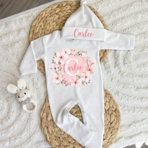 Personalized Name Floral Romper with Cap
