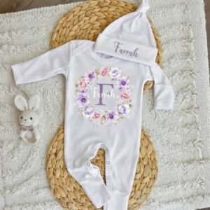 Custom Name Floral Lilac Romper with Cap