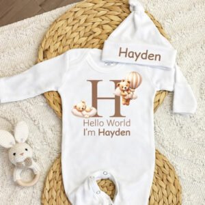 Custom Name Hello World Romper with Cap