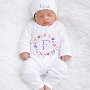 Custom Name Floral Lilac Romper with Cap