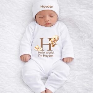 Custom Name Hello World Romper with Cap