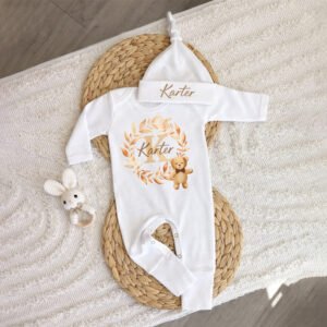 Name Initial Teddy Bear Romper with Cap