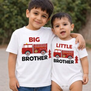 Alternative view of Big & Little Brother Fire Truck Sibling T-Shirt & Romper Set