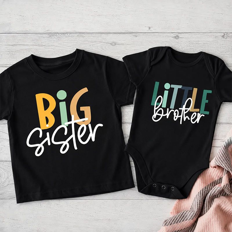 Big Sister, Little Brother Colorful Retro Sibling T-Shirt & Romper Deal - Image 2