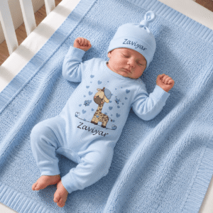 Custom Name Giraffe Full Body Romper blue