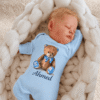 Custom Name Teddy Bear Full Body Romper blue