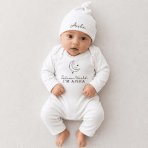 Salaam World Name Announcement Full Body Romper and Cap white