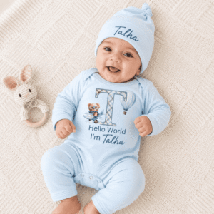 Sky Adventure Name Initial Full Body Romper blue