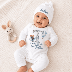 Sky Adventure Name Initial Full Body Romper white