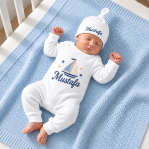 Personalized Sailboat Baby Romper & Cap Set