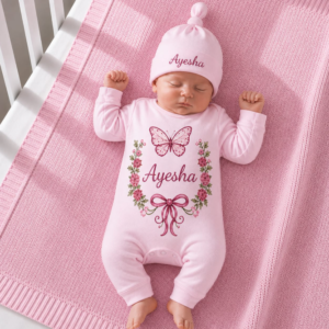 Personalized Butterfly Floral Baby Romper with Cap