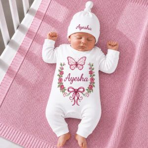 Alternative view of Personalized Butterfly Floral Baby Romper with Cap