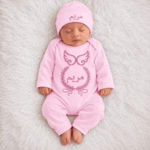 Alternative view of Personalized Pink Angel Wings Arabic Calligraphy Baby Onesie & Beanie Set