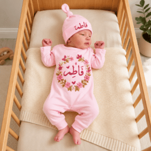 Personalized Arabic Name Floral Baby Romper & Cap Set Pink