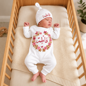 Personalized Arabic Name Floral Baby Romper & Cap Set White